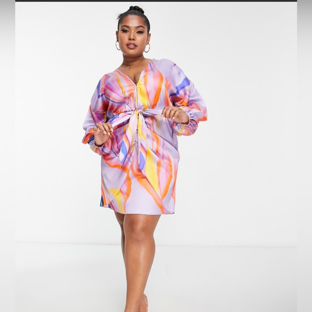 ASOS DESIGN Curve plunge tie front mini dress in purple marble print